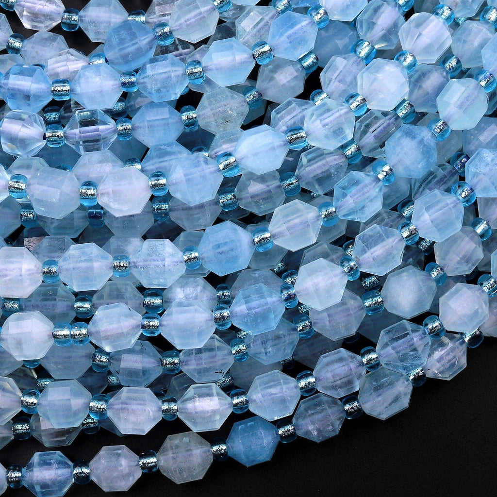 AAA Natural Translucent Blue Aquamarine 6mm Beads Faceted Energy Prism Double Terminated Point Cut 15.5" Strand