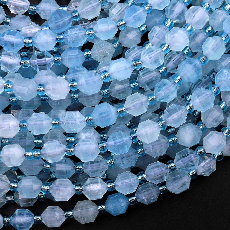 AAA Natural Translucent Blue Aquamarine 6mm Beads Faceted Energy Prism Double Terminated Point Cut 15.5" Strand