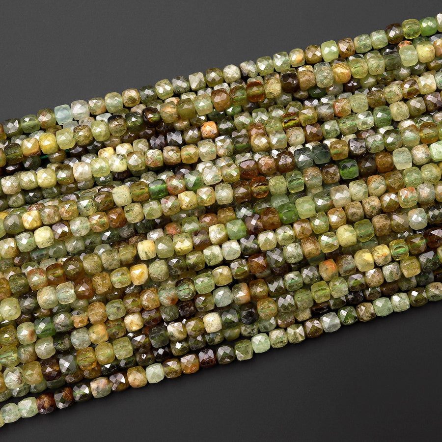 Natural Green Garnet 4mm Faceted Cube Square Dice Beads Gemstone 15.5" Strand