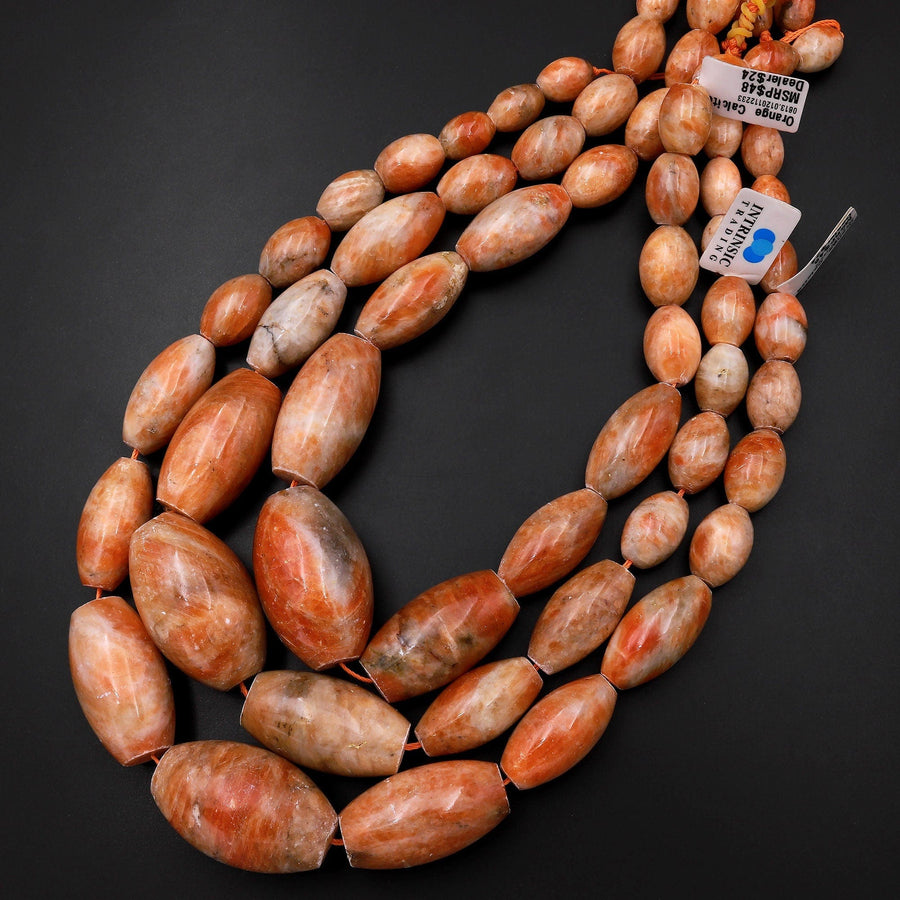 Graduated Large Genuine Natural Orange Calcite Barrel Drum Beads 15.5" Strand