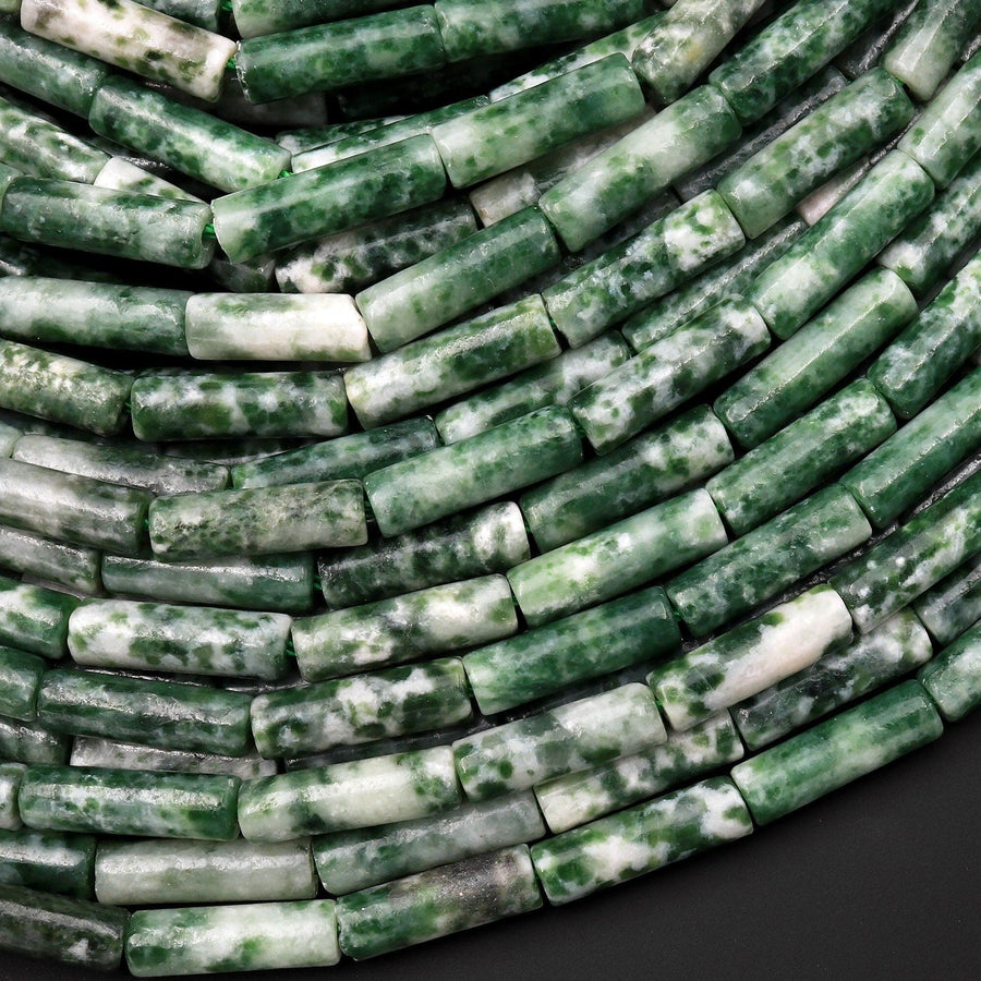 Natural Green Tree Agate Thin Long Tube Beads 15.5" Strand