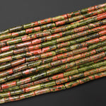 Natural Unakite Thin Long Tube Beads 15.5" Strand