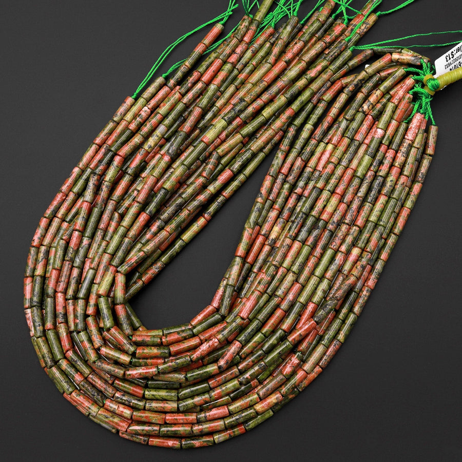 Natural Unakite Thin Long Tube Beads 15.5" Strand