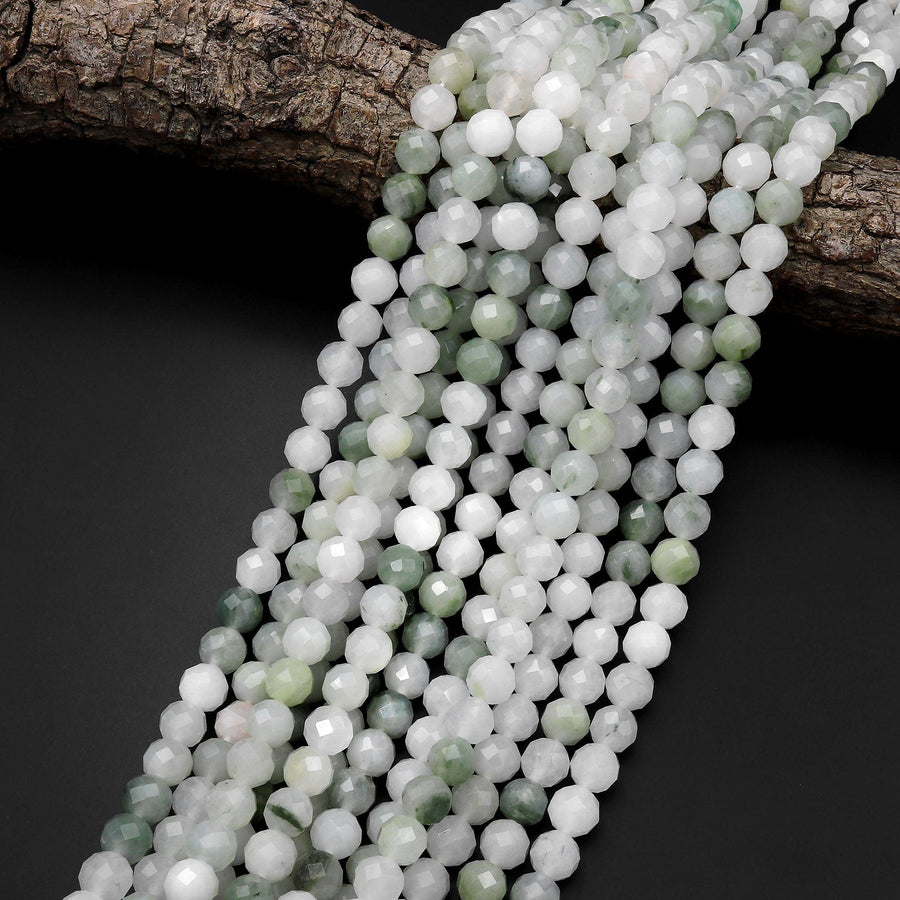 Faceted Natural Ice Mountain Jade 6mm 8mm Round Beads Real Genuine Natural Green Jade 15.5" Strand