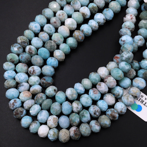 Large Faceted Natural Blue Larimar 9mm Rondelle Beads Real Genuine Gemstone 15.5" Strand