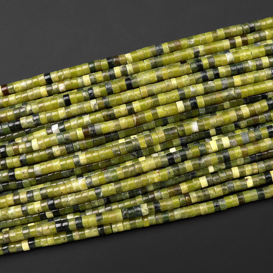 Natural Olive Green Jade 4mm Heishi Rondelle Beads 15.5" Strand