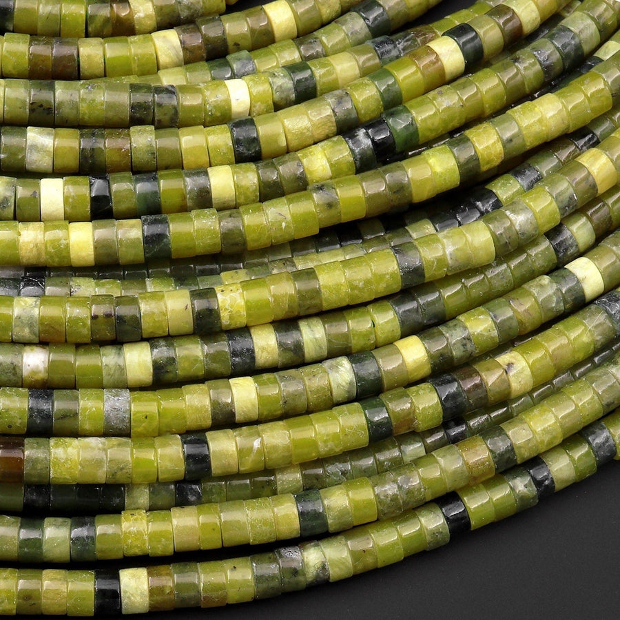 Natural Olive Green Jade 4mm Heishi Rondelle Beads 15.5" Strand