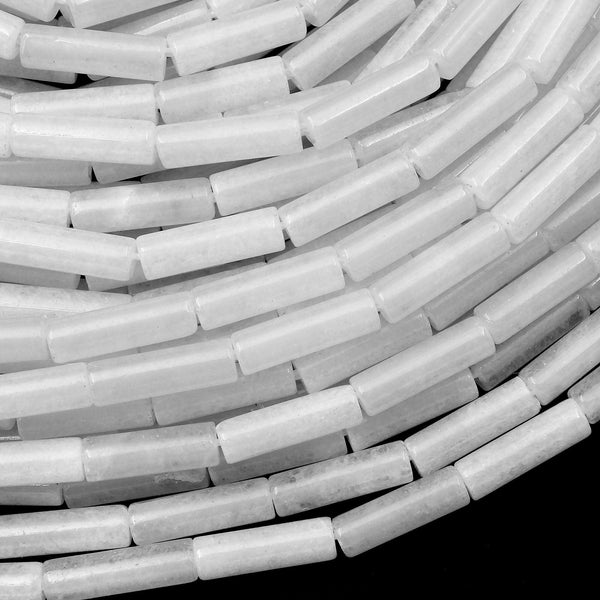 Natural White Jade Thin Long Tube Beads 14mm 15.5" Strand