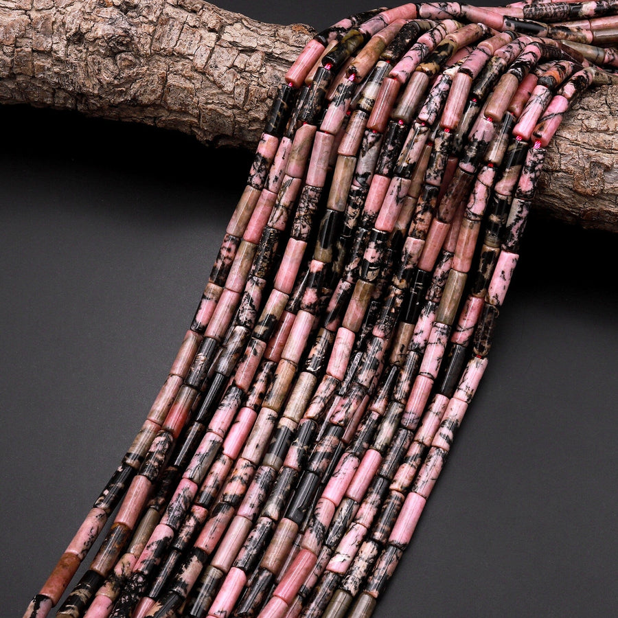 Natural Rhodonite Thin Long Tube Beads 14mm 15.5" Strand