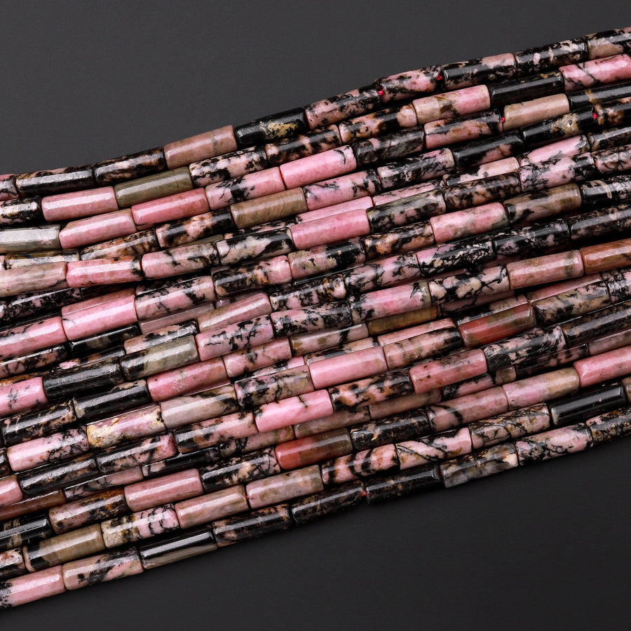 Natural Rhodonite Thin Long Tube Beads 14mm 15.5" Strand