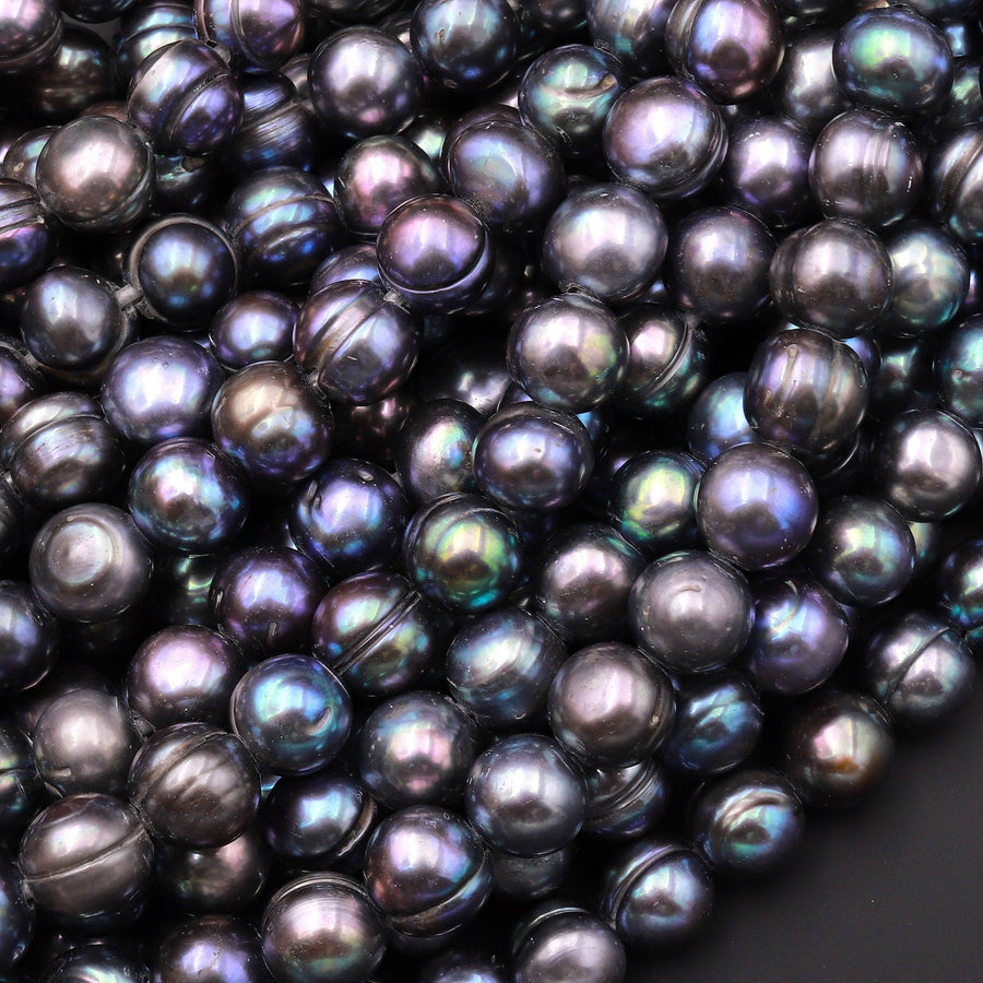Large Hole Black Peacock Freshwater Pearl Beads Round 12mm Iridescent Genuine Pearl Big 2.5mm Hole 7" Strand