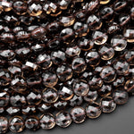 Faceted Natural Smoky Quartz Coin Beads 6mm Flat Disc Dazzling Micro Diamond Cut Gemstone 15.5" Strand