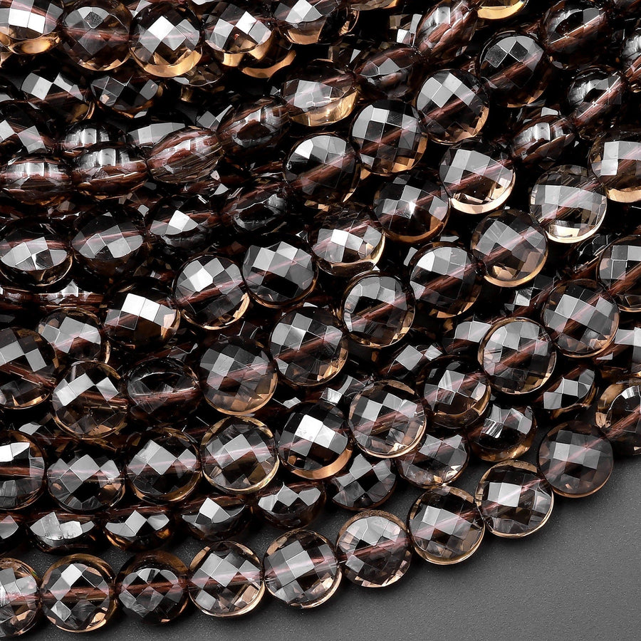 Faceted Natural Smoky Quartz Coin Beads 6mm Flat Disc Dazzling Micro Diamond Cut Gemstone 15.5" Strand