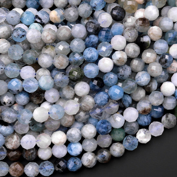 Micro Faceted Natural Blue Aquamarine 5mm 6mm Round Beads 15.5" Strand