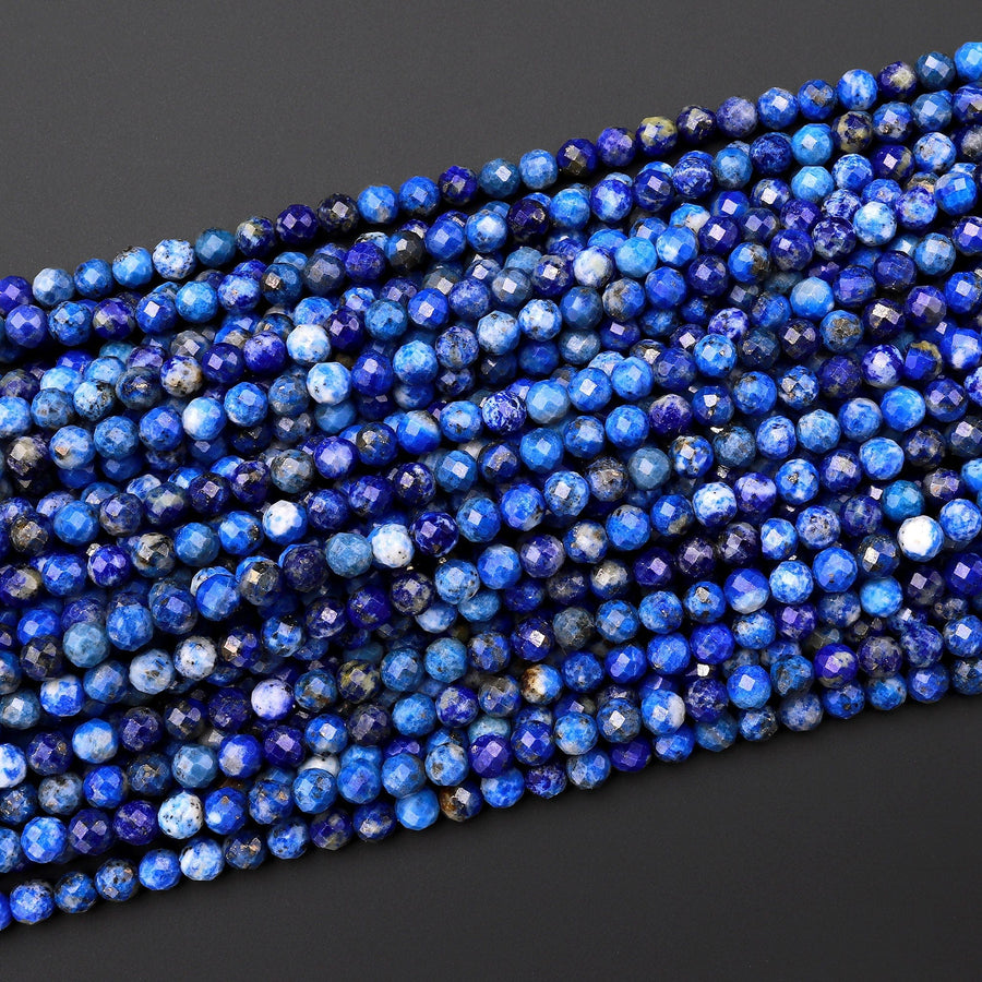 Faceted Natural Denim Blue Lapis 4mm Round Beads Laser Diamond Cut Gemstone 15.5" Strand