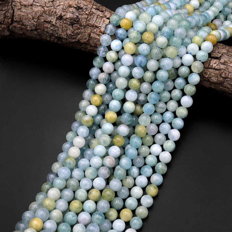 Natural Multicolor Blue Green Canary Yellow Aquamarine 6mm 8mm Smooth Round Beads 15.5" Strand