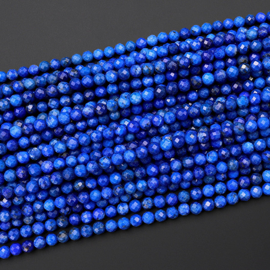 AAA Faceted Natural Denim Blue Lapis 4mm Round Beads Laser Diamond Cut Gemstone 15.5" Strand