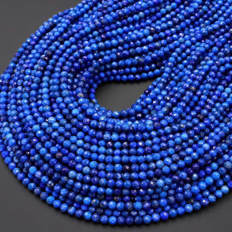 AAA Faceted Natural Denim Blue Lapis 4mm Round Beads Laser Diamond Cut Gemstone 15.5" Strand