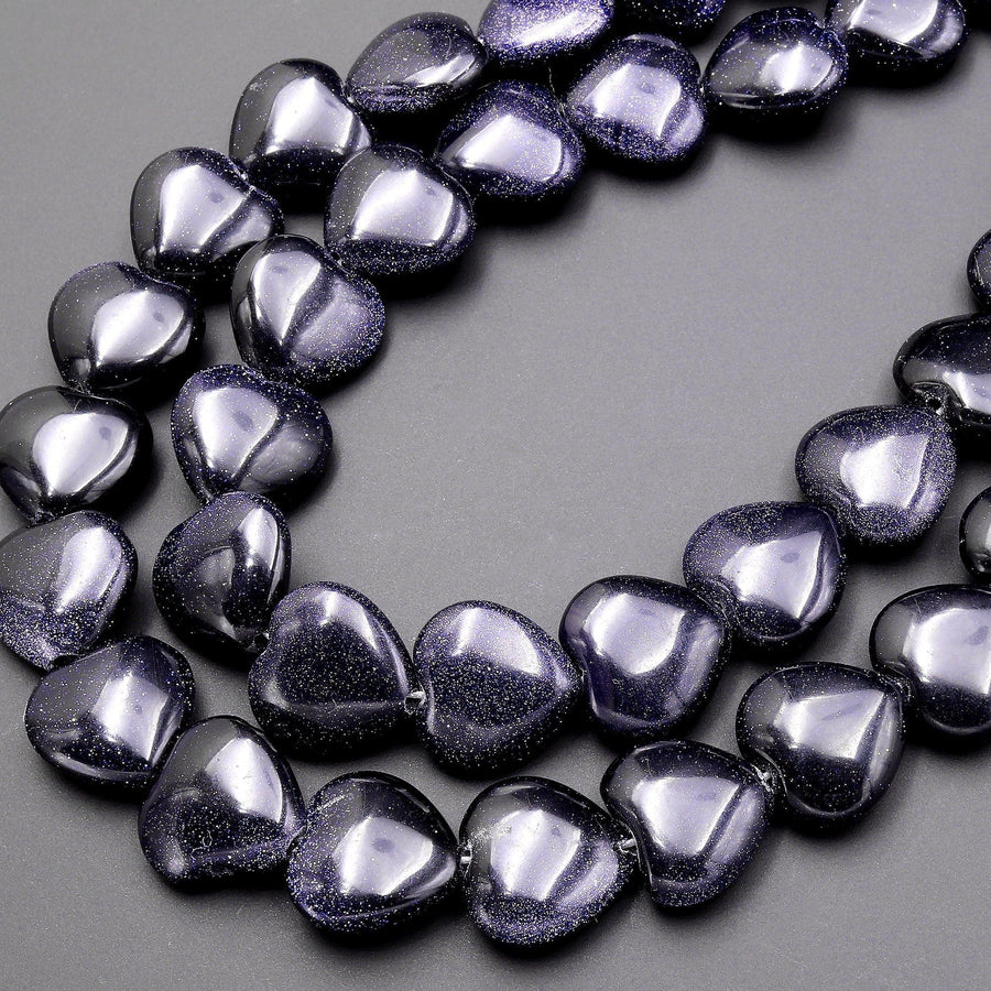 Sparkling Blue Goldstone Heart Beads 14mm 15.5" Strand