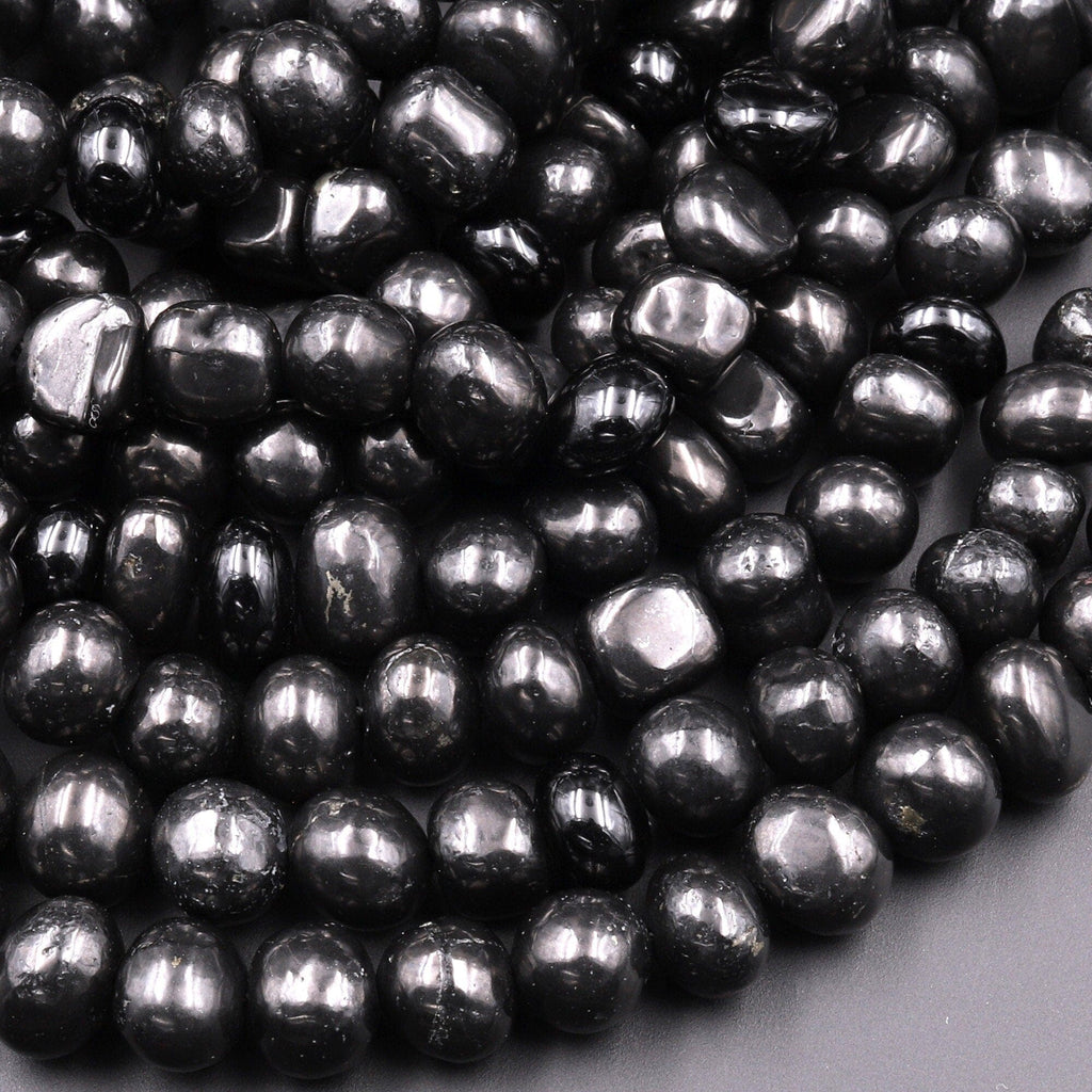 Genuine Natural Shungite Freeform Pebble Nugget Beads High Quality Black Lustrous Gemstone from Russia 15.5" Strand