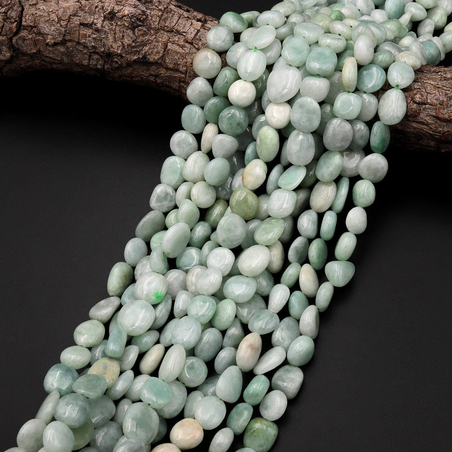 Natural Burma Jade Smooth Freeform Oval Pebble Nugget Beads Real Genuine Natural Green Jade 15.5" Strand