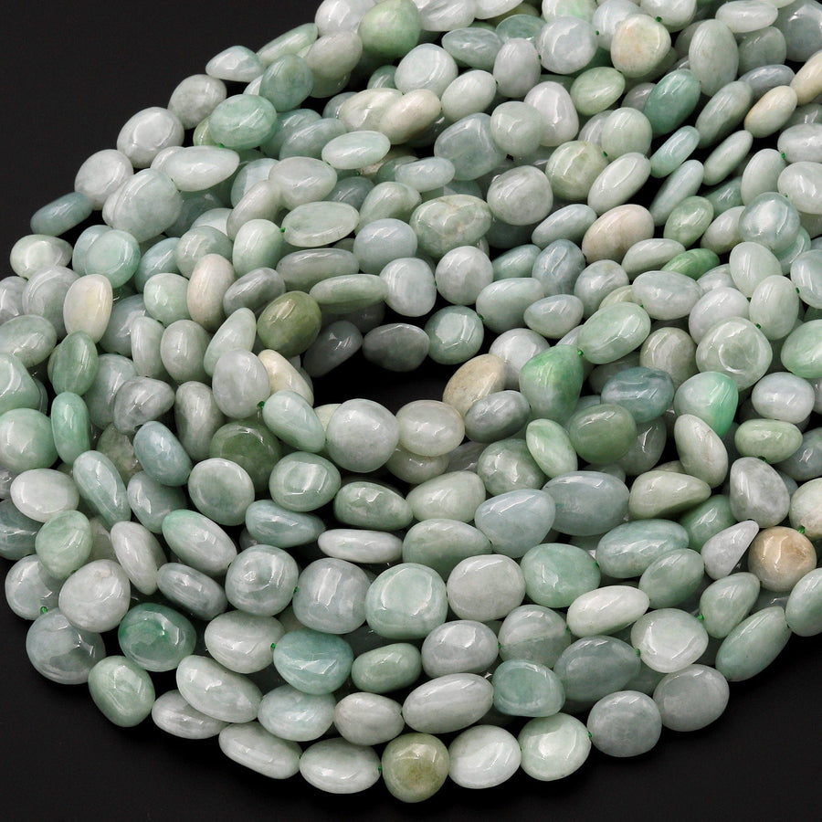 Natural Burma Jade Smooth Freeform Oval Pebble Nugget Beads Real Genuine Natural Green Jade 15.5" Strand