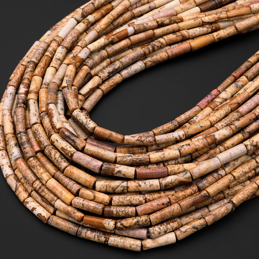 Natural Desert Picture Jasper Thin Long Tube Beads 15.5" Strand