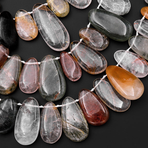 Natural Phantom Rutile Quartz Teardrop Focal Pendant Beads Side Drilled Green Red Golden Quartz 15.5" Strand