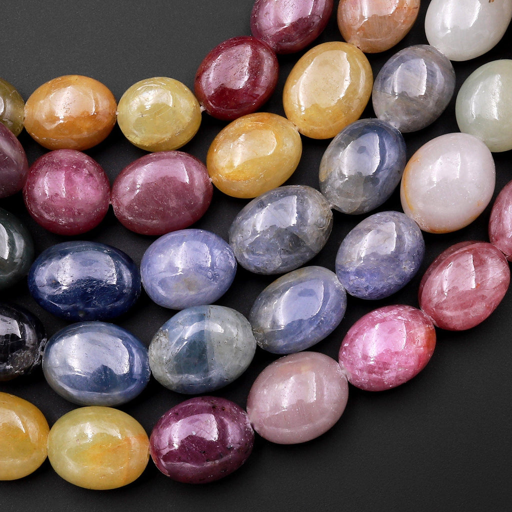 Natural Multicolor Red Pink Cream Yellow Sapphire Smooth Oval Pebble Large Gemstone Beads Necklace Strand