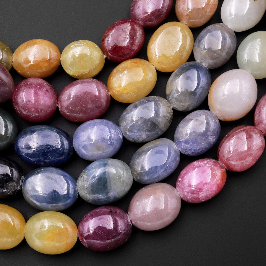 Natural Multicolor Red Pink Cream Yellow Sapphire Smooth Oval Pebble Large Gemstone Beads Necklace Strand