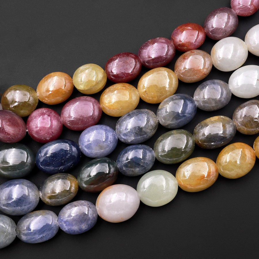 Natural Multicolor Red Pink Cream Yellow Sapphire Smooth Oval Pebble Large Gemstone Beads Necklace Strand