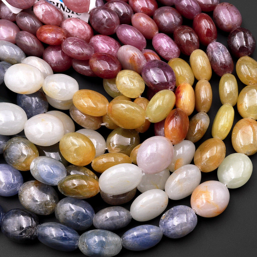 Natural Multicolor Red Pink Cream Yellow Sapphire Smooth Oval Pebble Large Gemstone Beads Necklace Strand