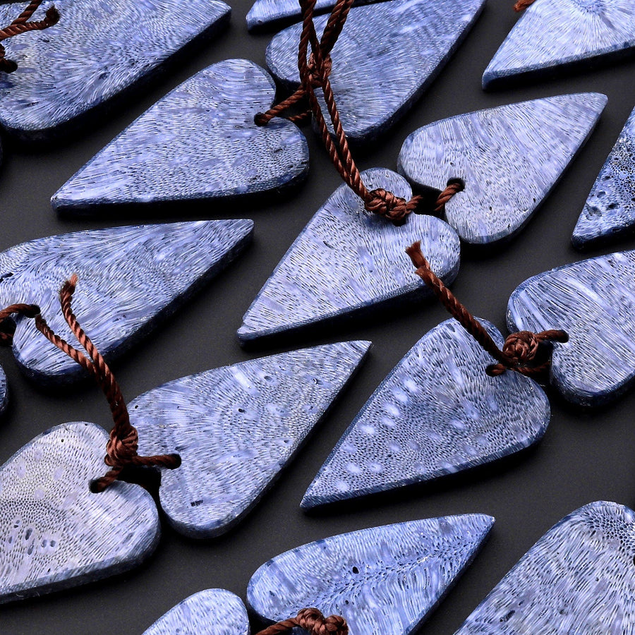 Natural Real Genuine Blue Sponge Coral Long Heart Earring Pair Drilled Gemstone Matched Beads