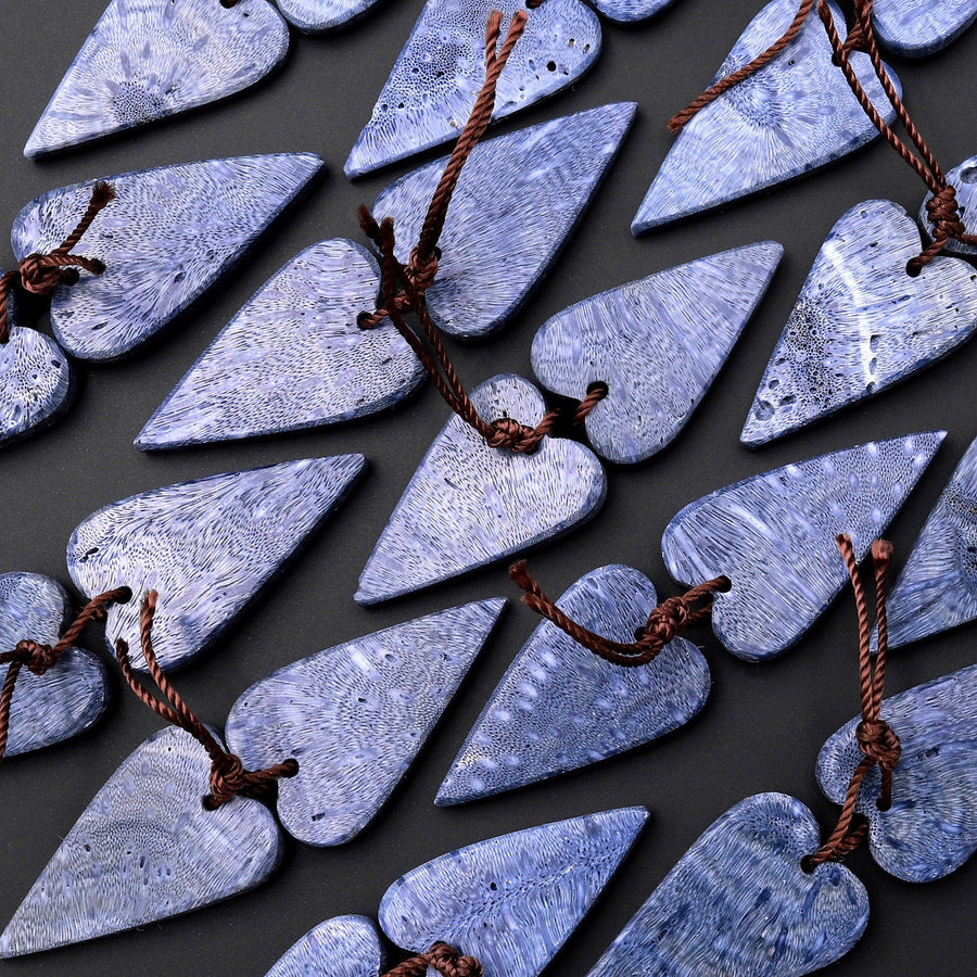 Natural Real Genuine Blue Sponge Coral Long Heart Earring Pair Drilled Gemstone Matched Beads