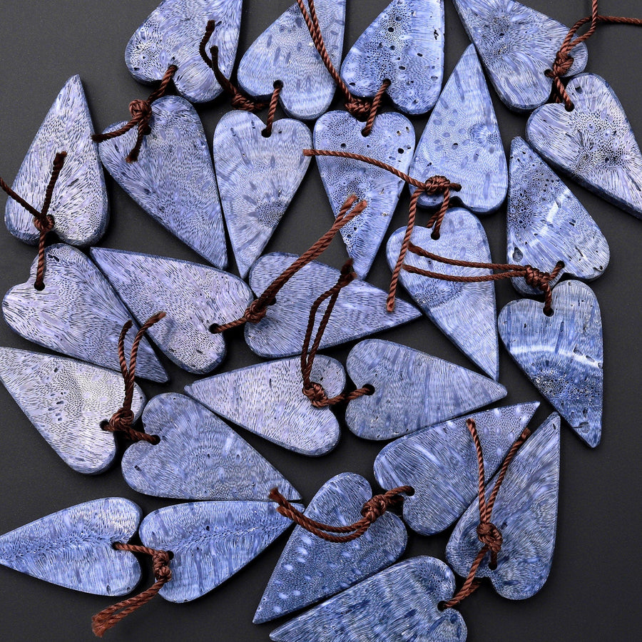 Natural Real Genuine Blue Sponge Coral Long Heart Earring Pair Drilled Gemstone Matched Beads