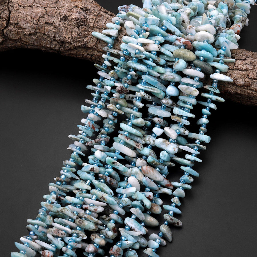 Natural Blue Larimar Beads Freeform Spike Top  Dilled Freeform Chip Real Larimar Stone 15.5" Strand