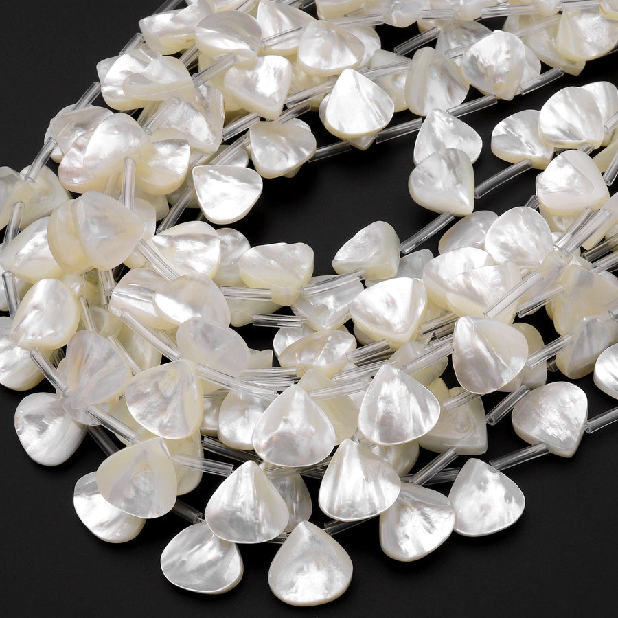 AAA Iridescent Hand Carved Natural White Mother of Pearl Sea Shell Teardrop Shape Beads 15.5" Strand