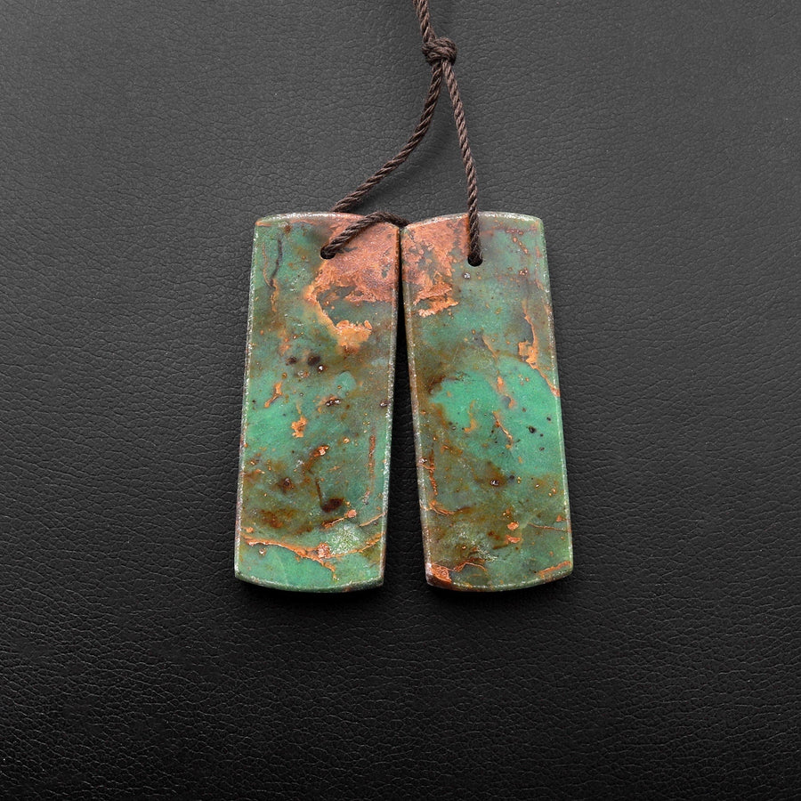 Natural African Green Opal Earring Flat Rectangle Cabochon Cab Pair Drilled Matched Gemstone Bead Pair