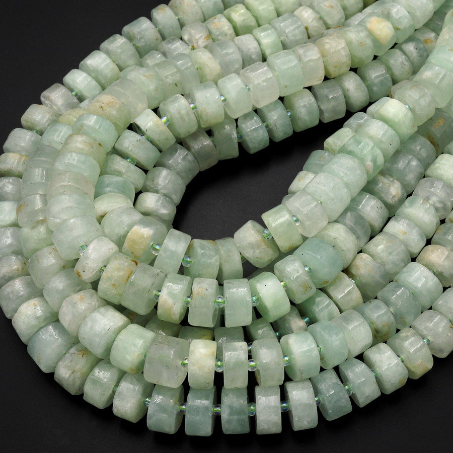 Natural Green Prehnite Wheel Thick Rondelle 12mm Center Drilled Disc Gemstone 15.5" Strand