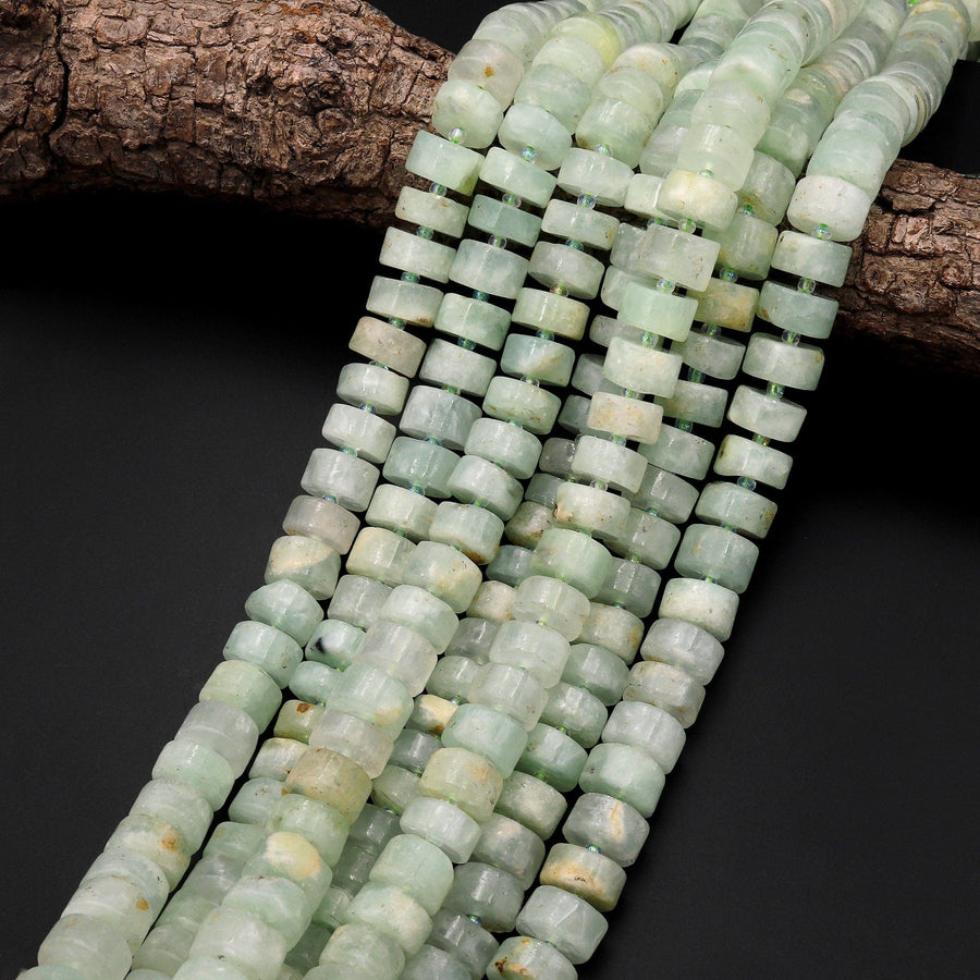Natural Green Prehnite Wheel Thick Rondelle 12mm Center Drilled Disc Gemstone 15.5" Strand