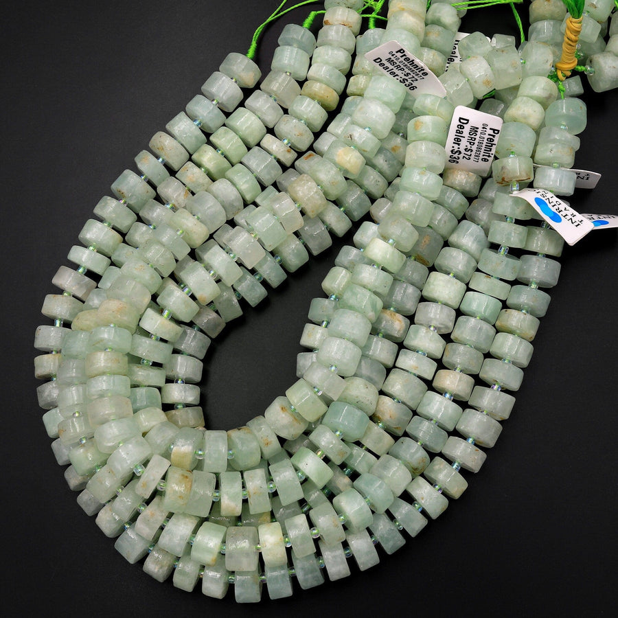 Natural Green Prehnite Wheel Thick Rondelle 12mm Center Drilled Disc Gemstone 15.5" Strand