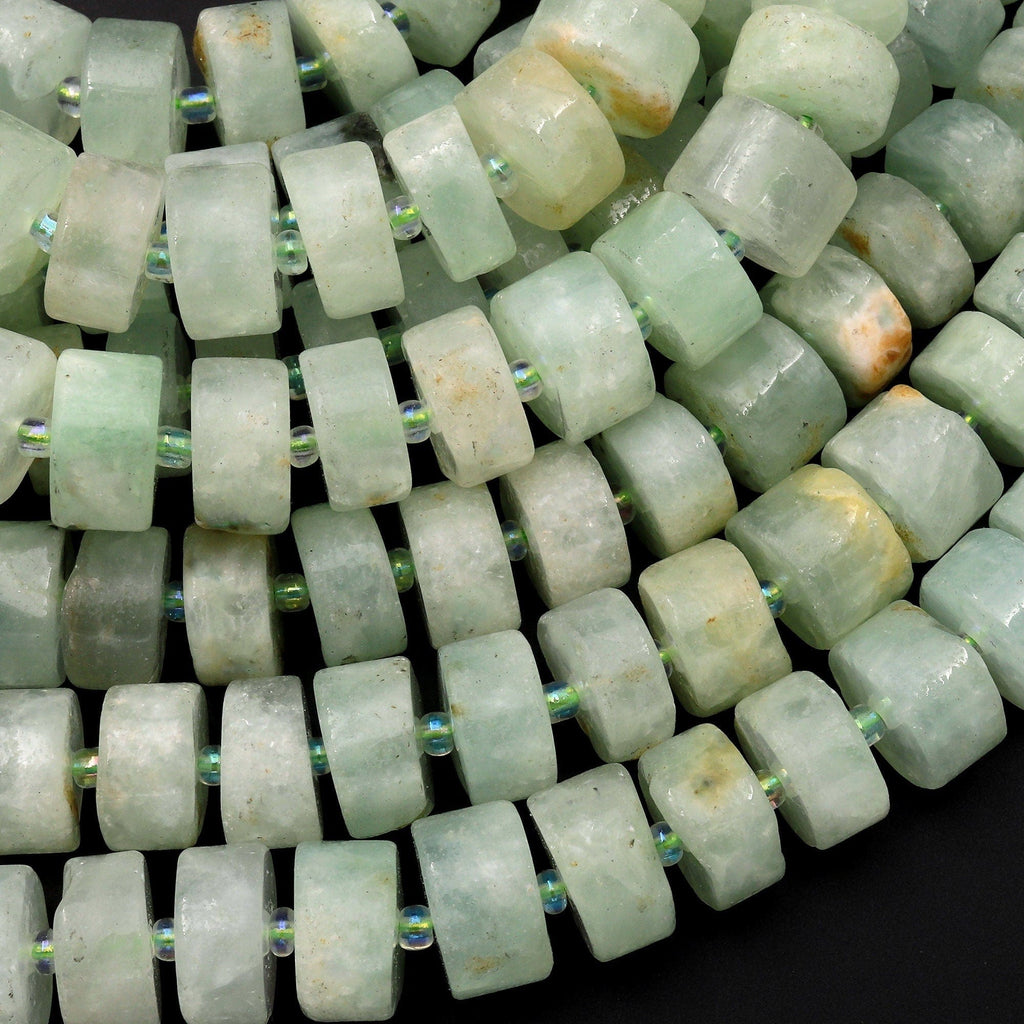 Natural Green Prehnite Wheel Thick Rondelle 12mm Center Drilled Disc Gemstone 15.5" Strand