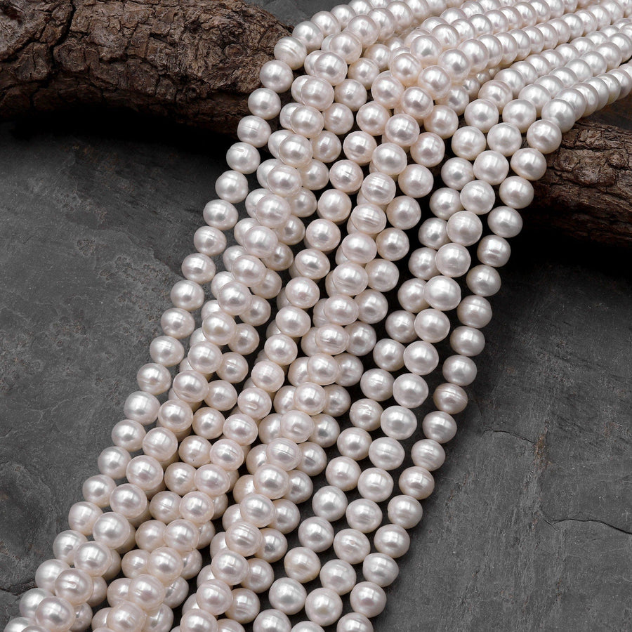 Genuine White Freshwater Pearl 6mm 8mm 10mm Off Round Shimmery Iridescent Classic Pearl 15.5" Strand