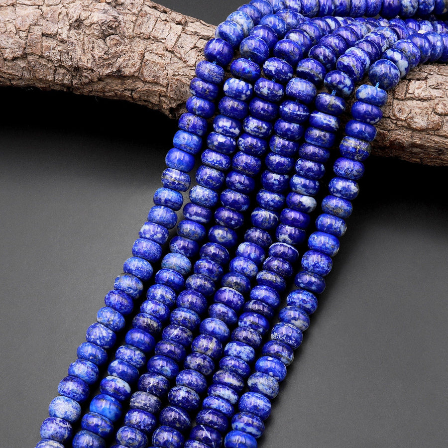 Natural Blue Lapis Lazuli Smooth Rondelle Beads 10mm White Calcite Matrix 15.5" Strand