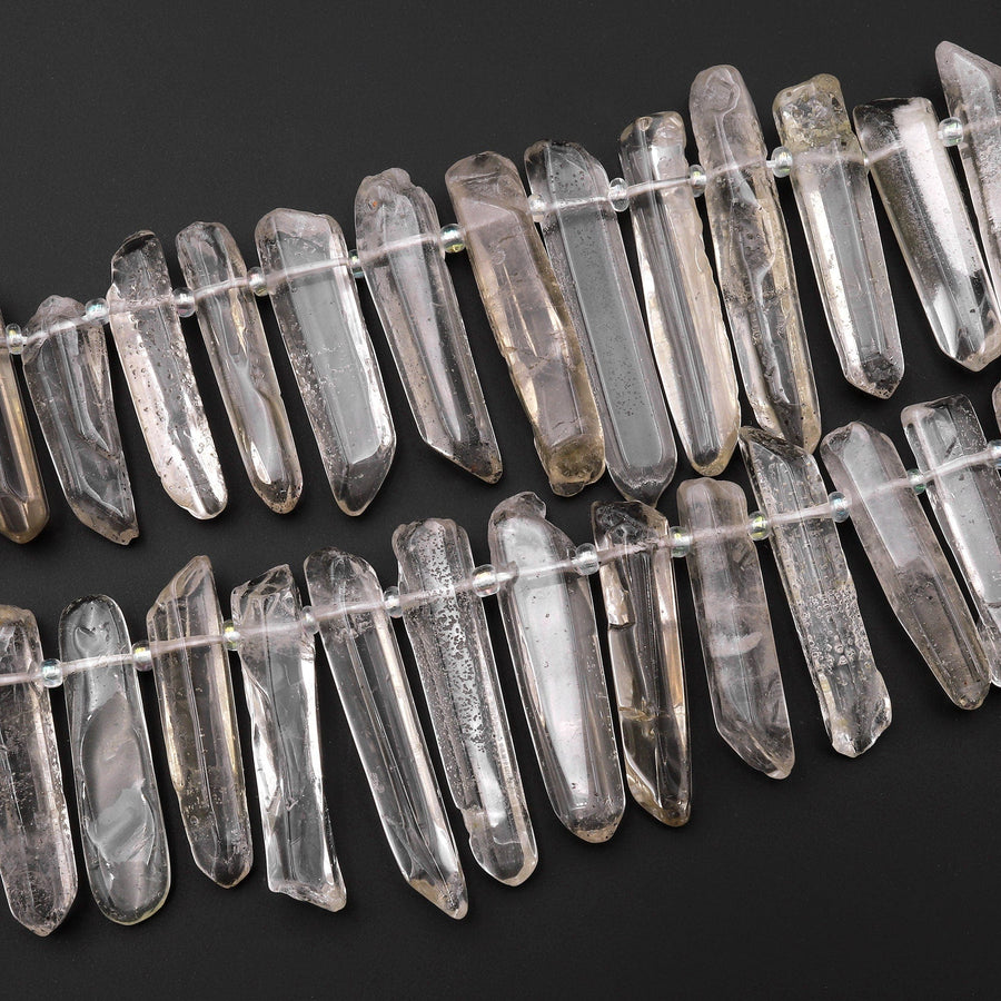 Rare Natural Smoky Champagne Rock Crystal Quartz Point Beads Top Drilled Sticks Spikes Freeform 15.5" Strand