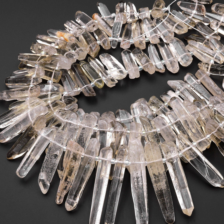Rare Natural Smoky Champagne Rock Crystal Quartz Point Beads Top Drilled Sticks Spikes Freeform 15.5" Strand