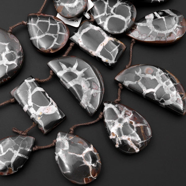Natural Septarian Fossil Pendant Black White Pattern Beads Side Drilled Teardrop Rectangle Half Moon Shapes 8" Strands