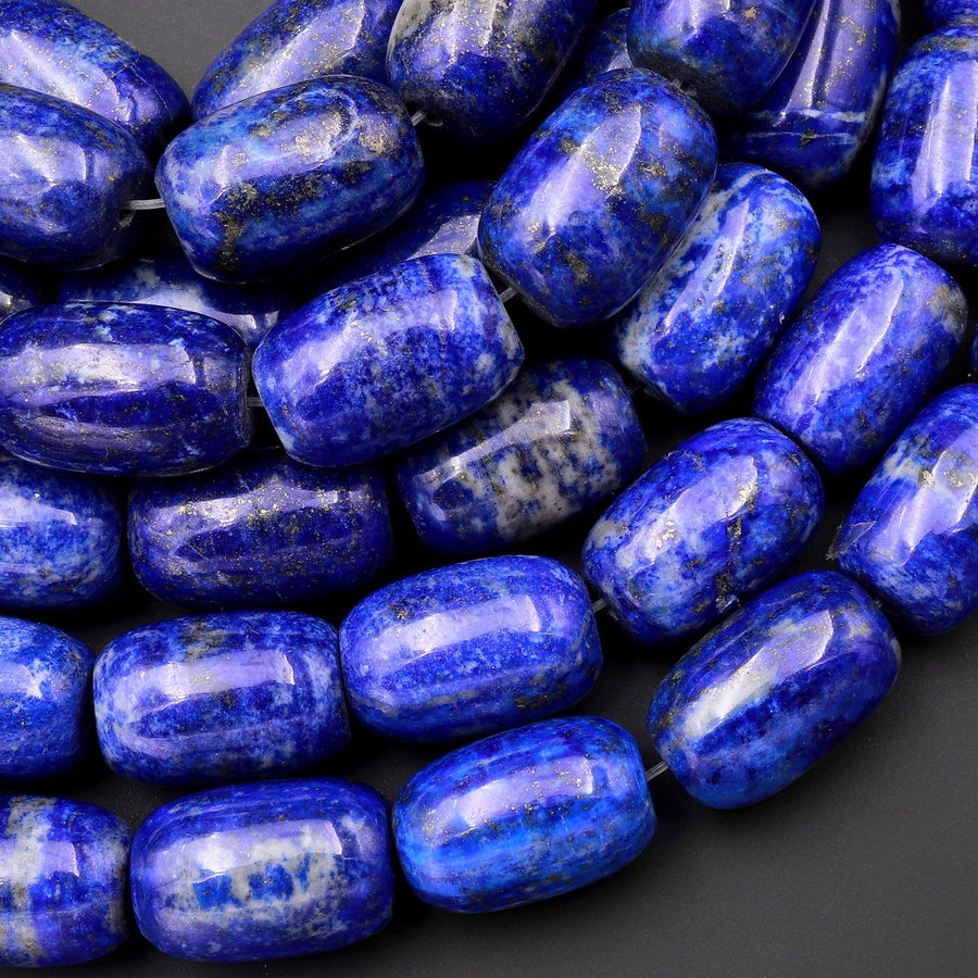 Large Natural Blue Lapis Drum Barrel Beads 18x12mm With Pyrite Calcite Matrix 15.5" Strand