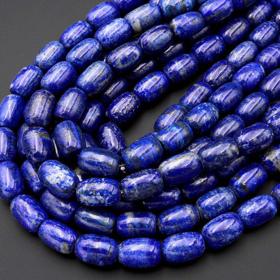 Large Natural Blue Lapis Drum Barrel Beads 18x12mm With Pyrite Calcite Matrix 15.5" Strand