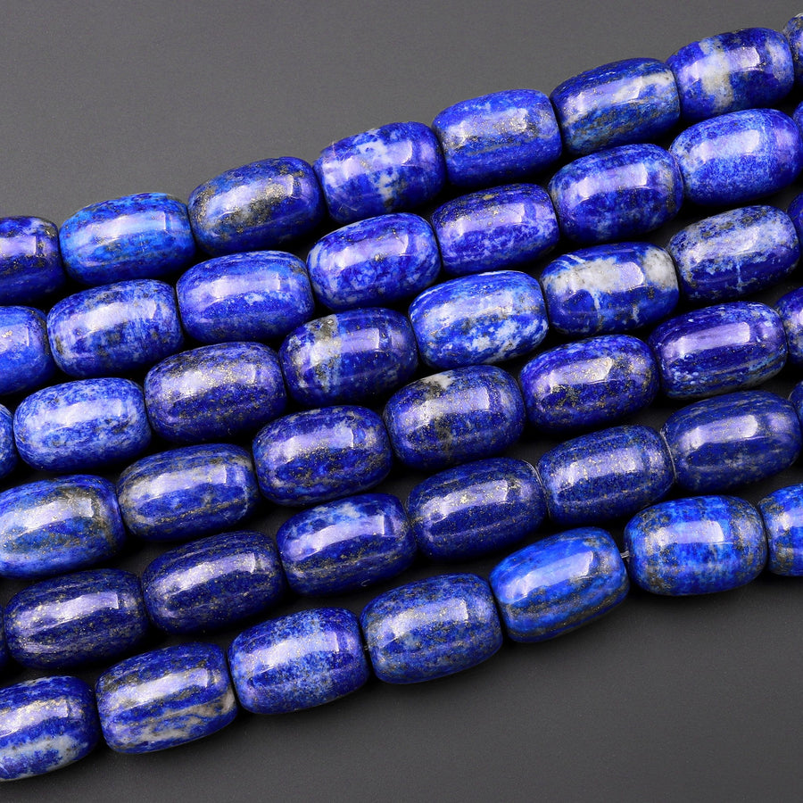 Large Natural Blue Lapis Drum Barrel Beads 18x12mm With Pyrite Calcite Matrix 15.5" Strand